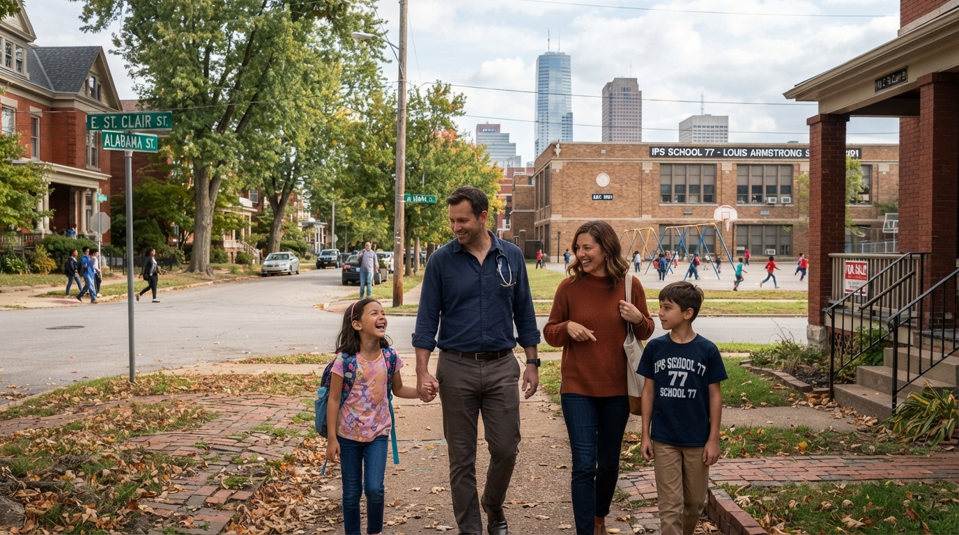 Physician and family walking through a neighborhood near a school during a relocation
